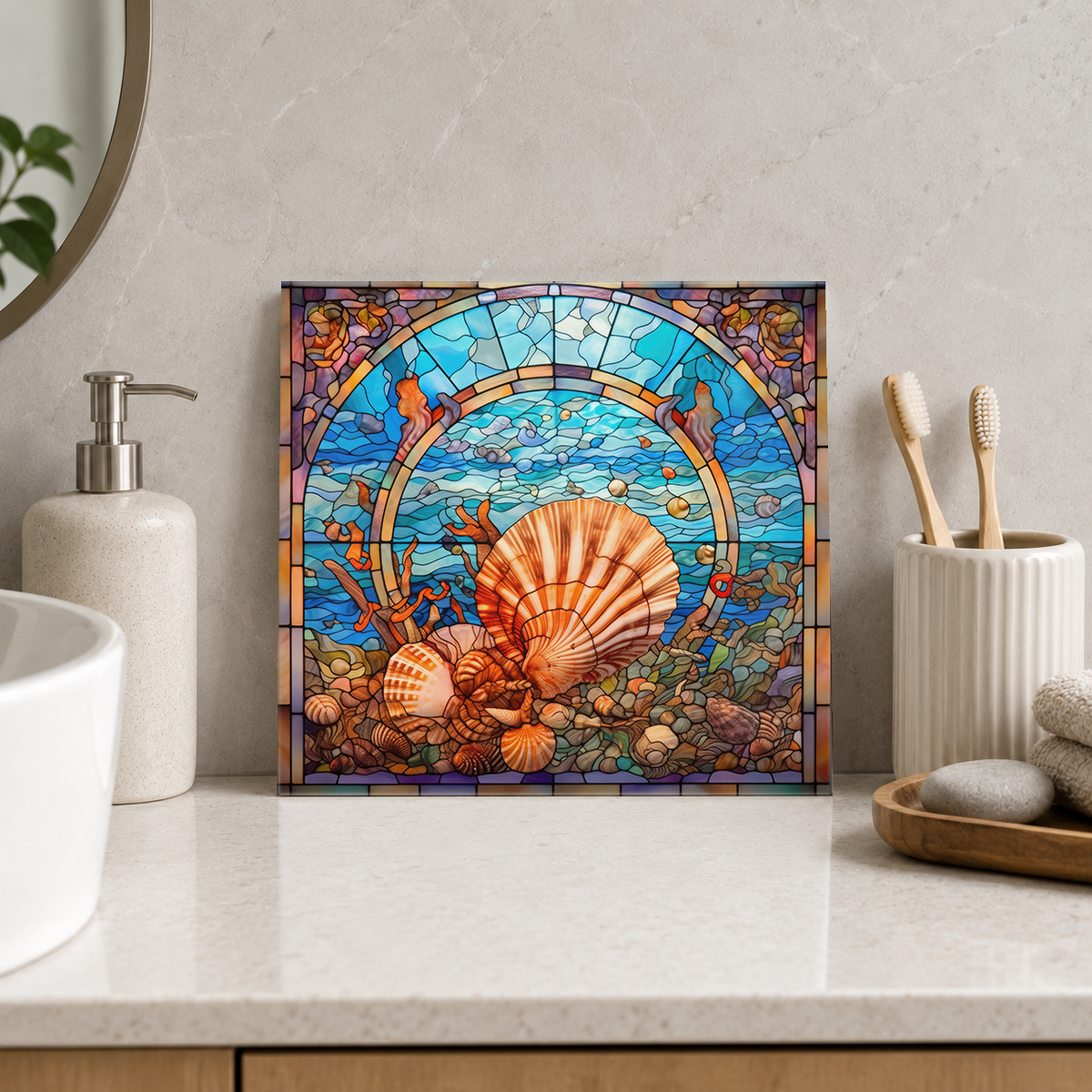Coral Scallop in Underwater Arch Tile displayed in the bathroom tile mock-up