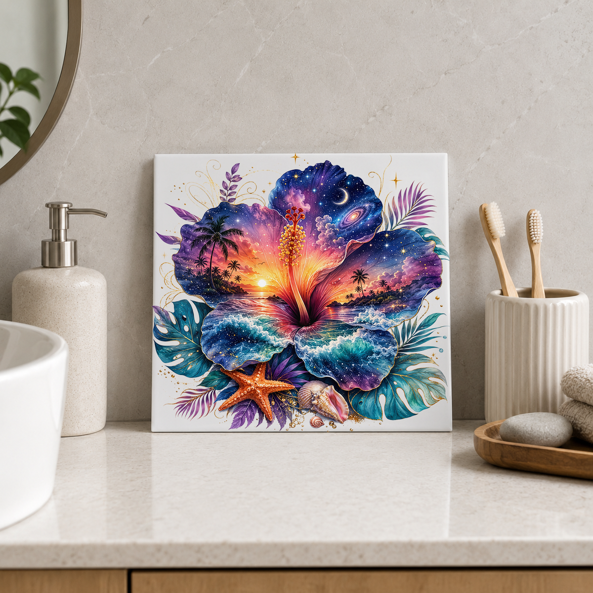Cosmic Hibiscus and Ocean Waves Tile displayed in the bathroom tile mock-up