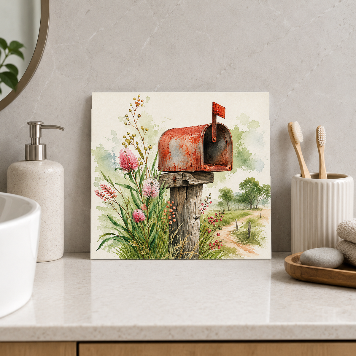 Country Mailbox ceramic decorative tile in Pop Color, shown in a room mockup