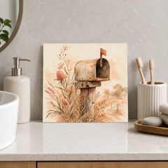 Country Mailbox ceramic decorative tile in Warm Country, shown in a room mockup