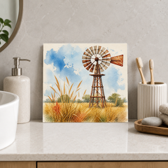 Country Windmill ceramic decorative tile in Pop Color, shown in a room mockup