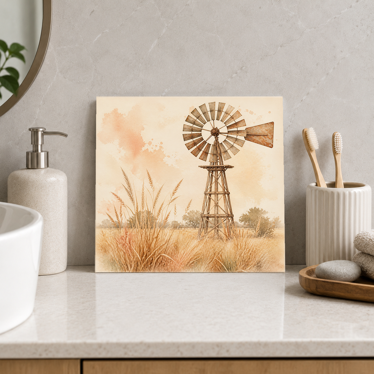 Country Windmill ceramic decorative tile in Warm Country, shown in a room mockup