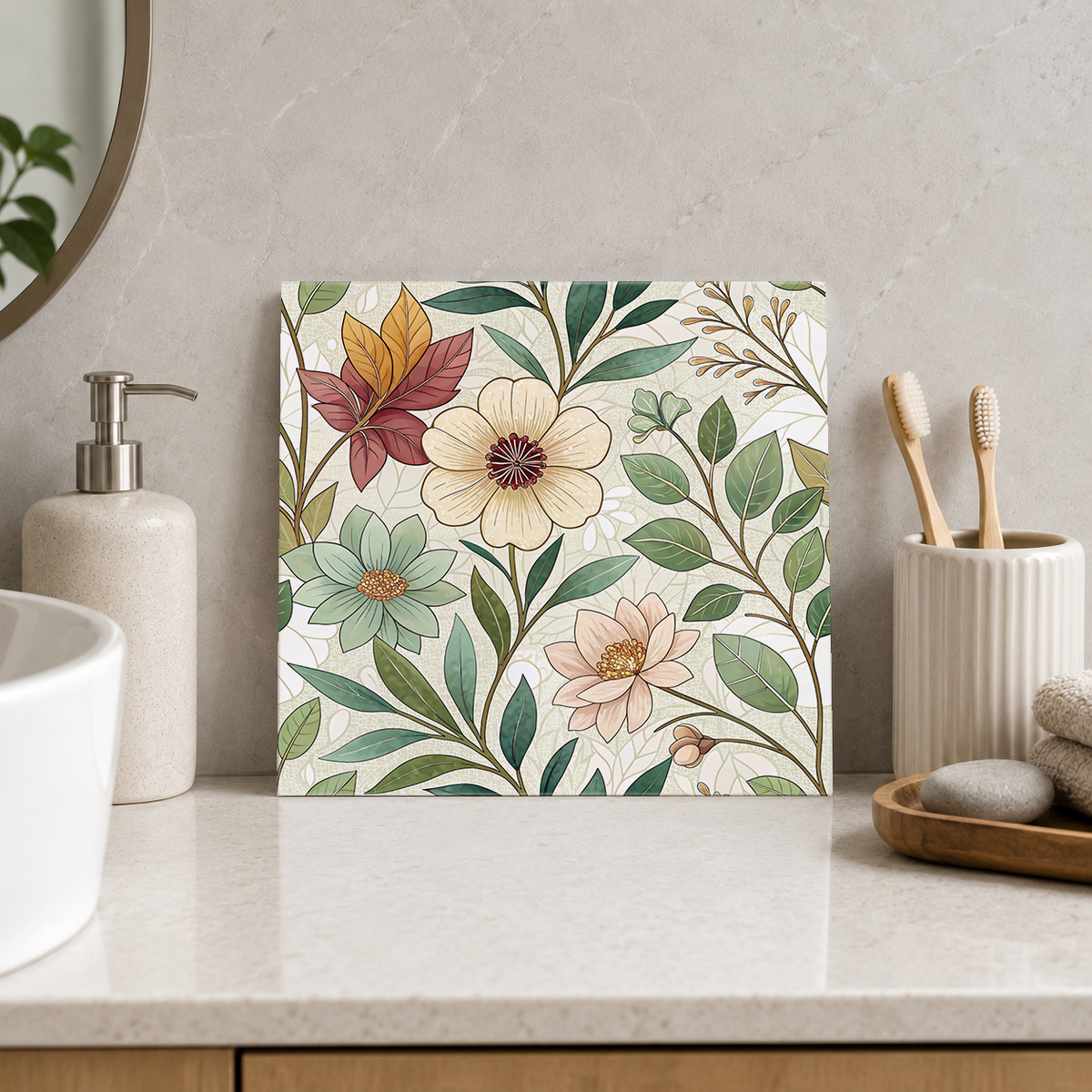 Cream Blossoms and Autumn Leaves Tile displayed in the bathroom tile mock-up