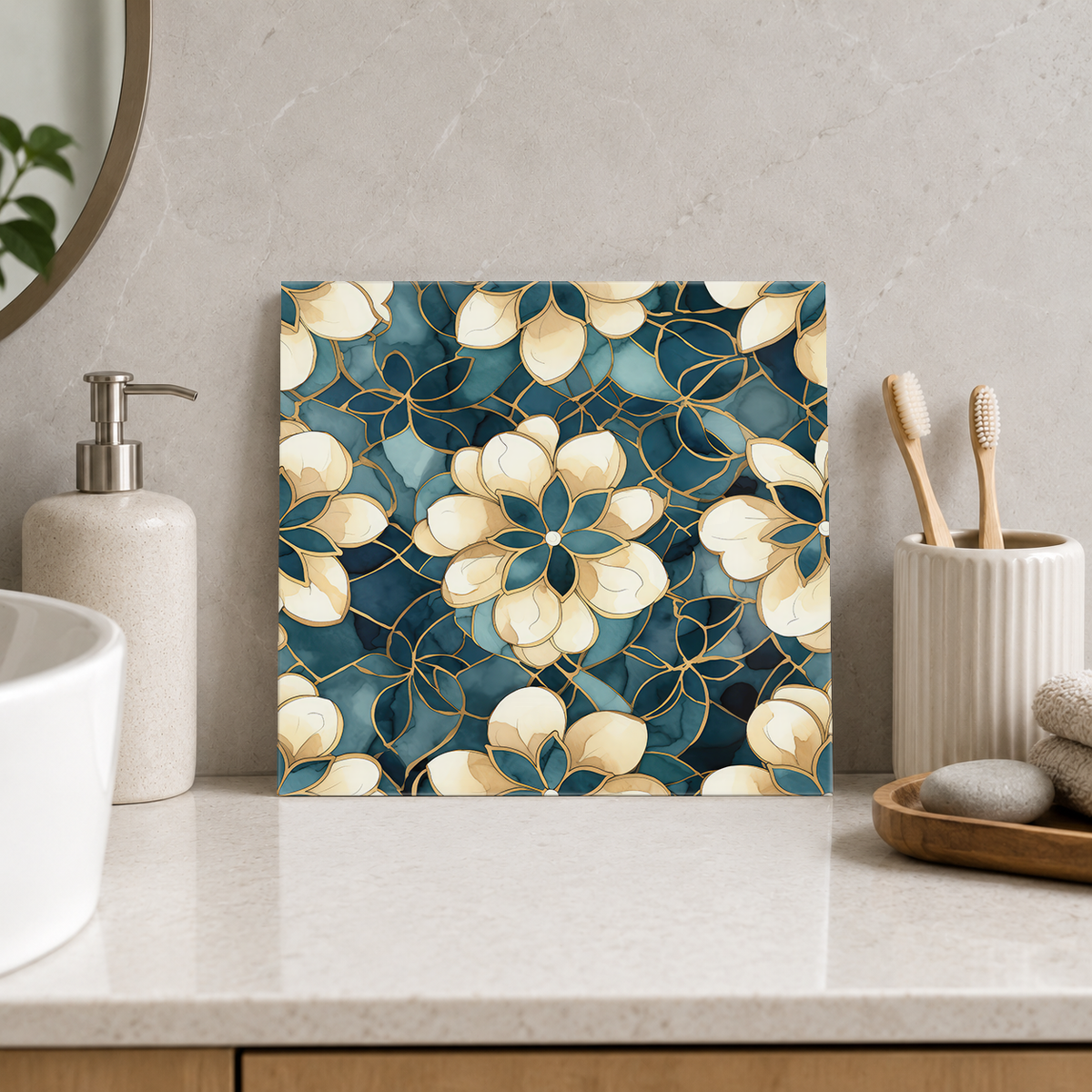 Cream Flowers on Deep Teal Tile displayed in the bathroom tile mock-up