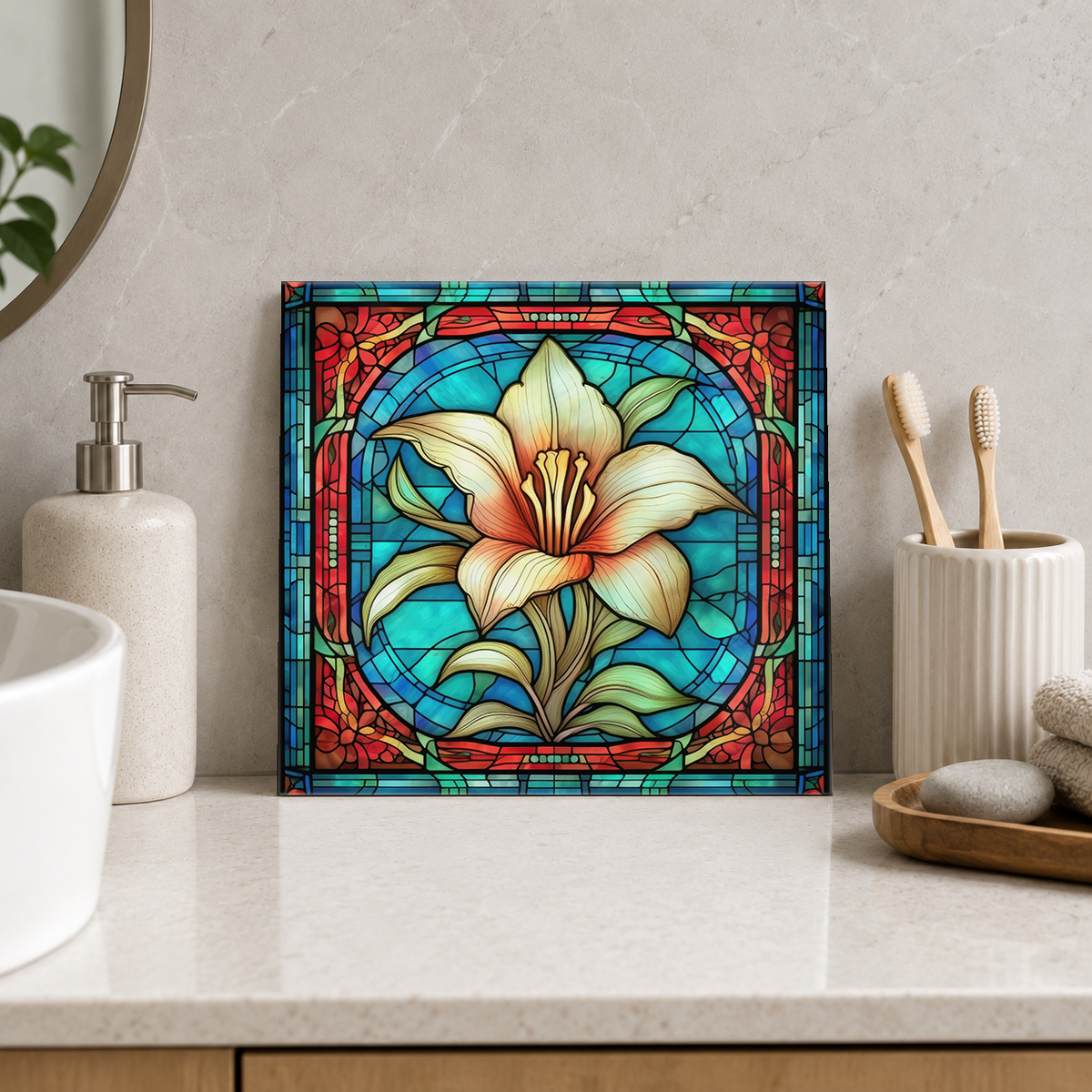 Cream Lily in Red and Teal Frame Tile displayed in the bathroom tile mock-up