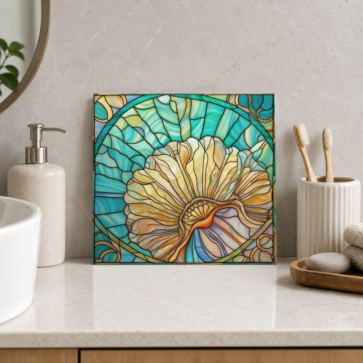 Cream Spiral Shell on Aqua Tile displayed in the bathroom tile mock-up