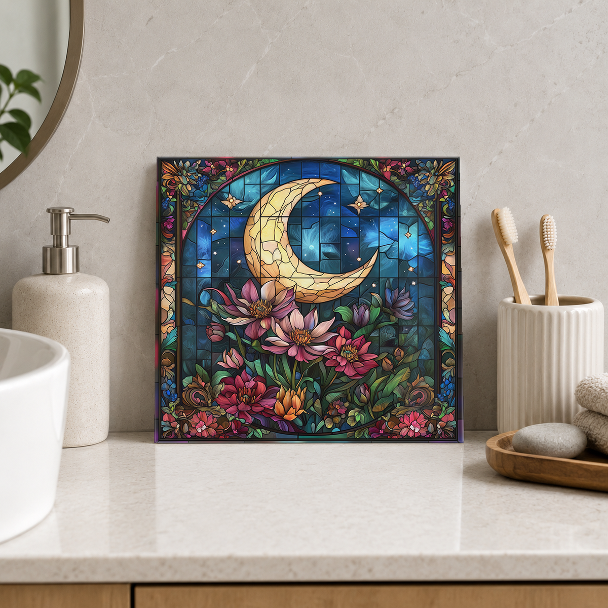 Crescent Moon Flower Garden Tile displayed in the bathroom tile mock-up