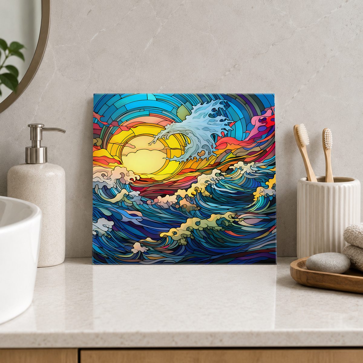 Cresting Waves before Golden Sun Tile displayed in the bathroom tile mock-up