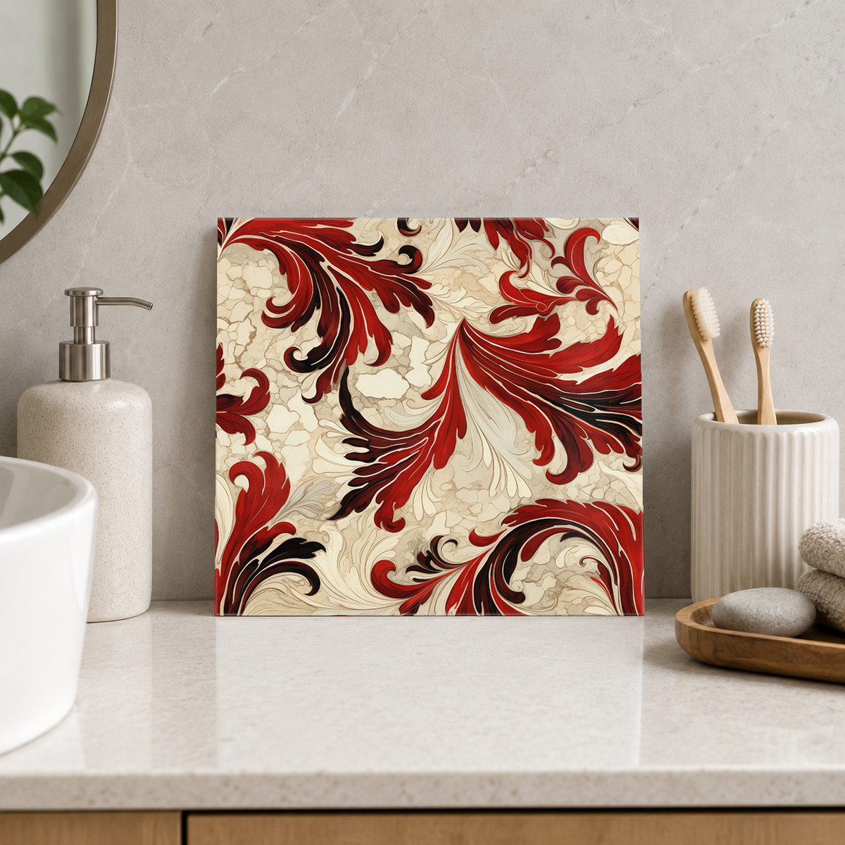 Crimson Acanthus on Cream Tile displayed in the bathroom tile mock-up