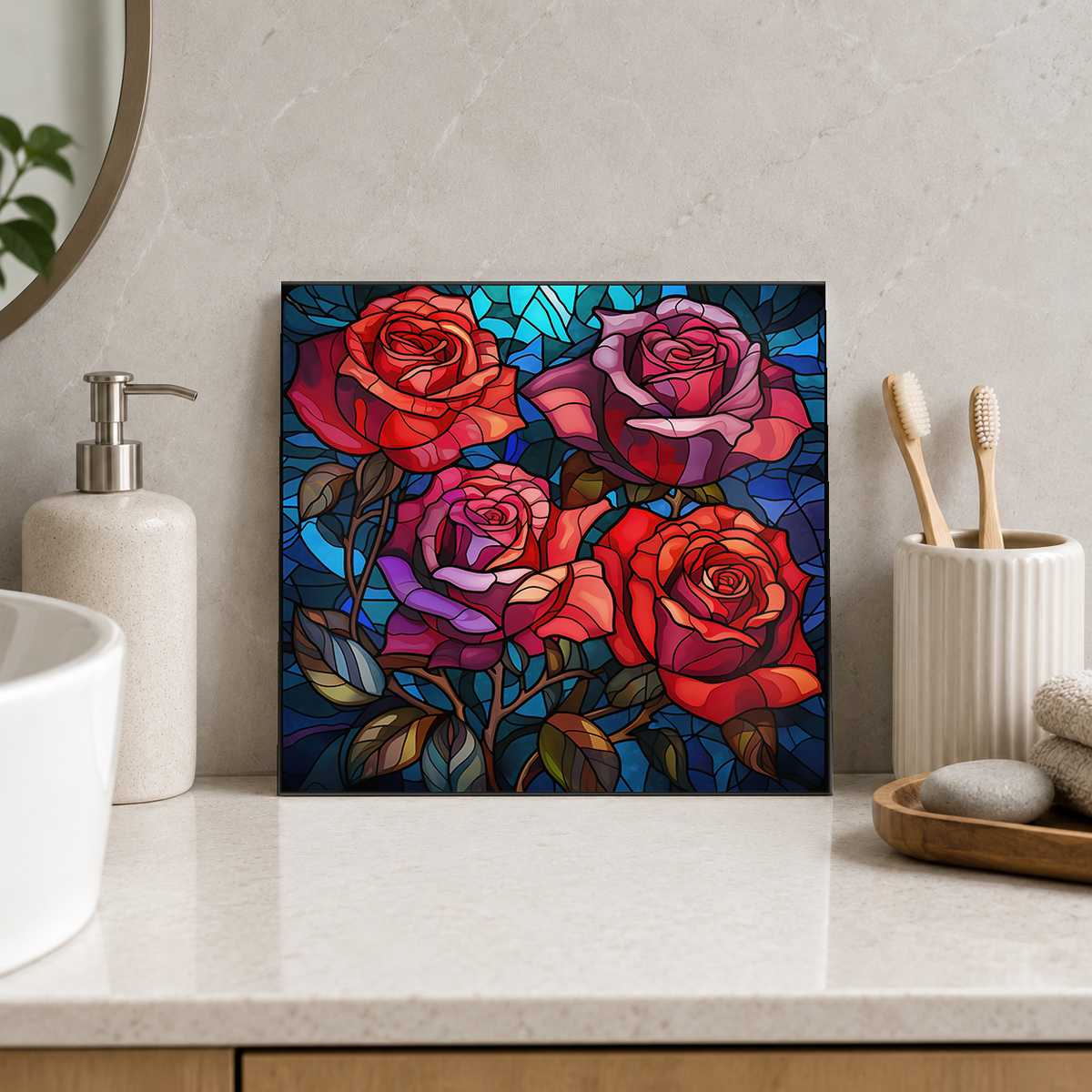 Crimson and Purple Rose Bouquet Tile displayed in the bathroom tile mock-up