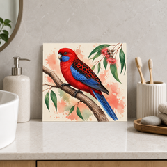 Crimson Branch Rosella ceramic decorative tile in Pop Color, shown in a room mockup