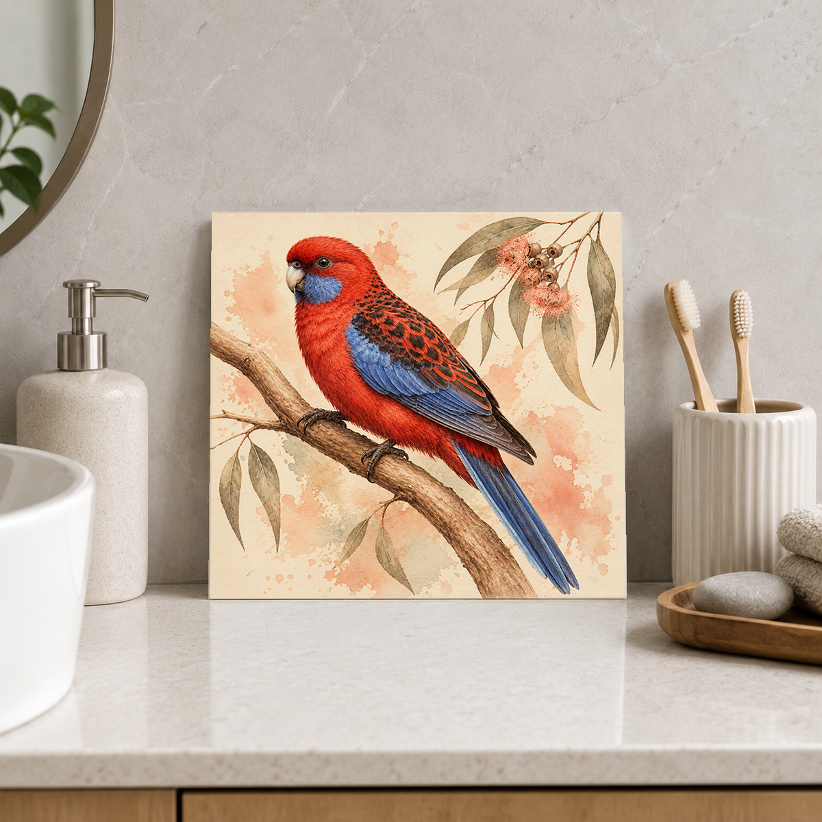 Crimson Branch Rosella ceramic decorative tile in Warm Country, shown in a room mockup