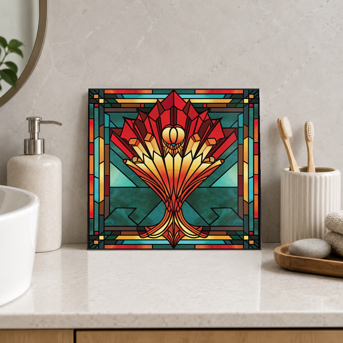 Crimson Crown Fan Tile displayed in the bathroom tile mock-up