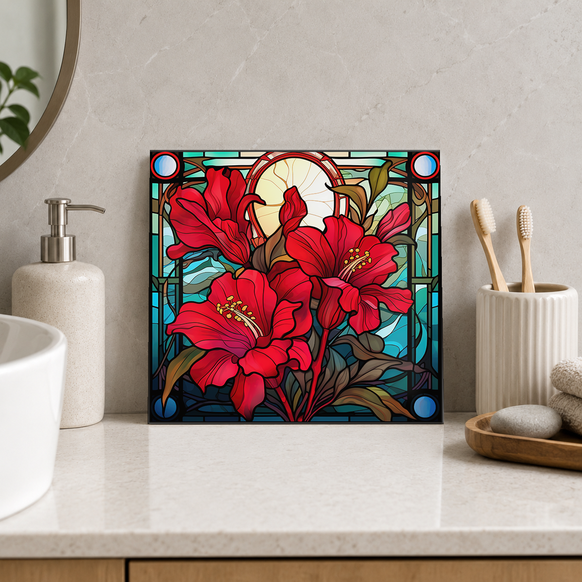 Crimson Lily Bouquet Tile displayed in the bathroom tile mock-up