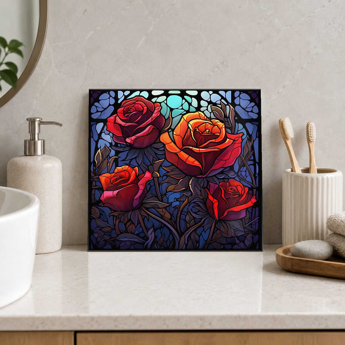 Crimson Rose Garden at Night Tile displayed in the bathroom tile mock-up