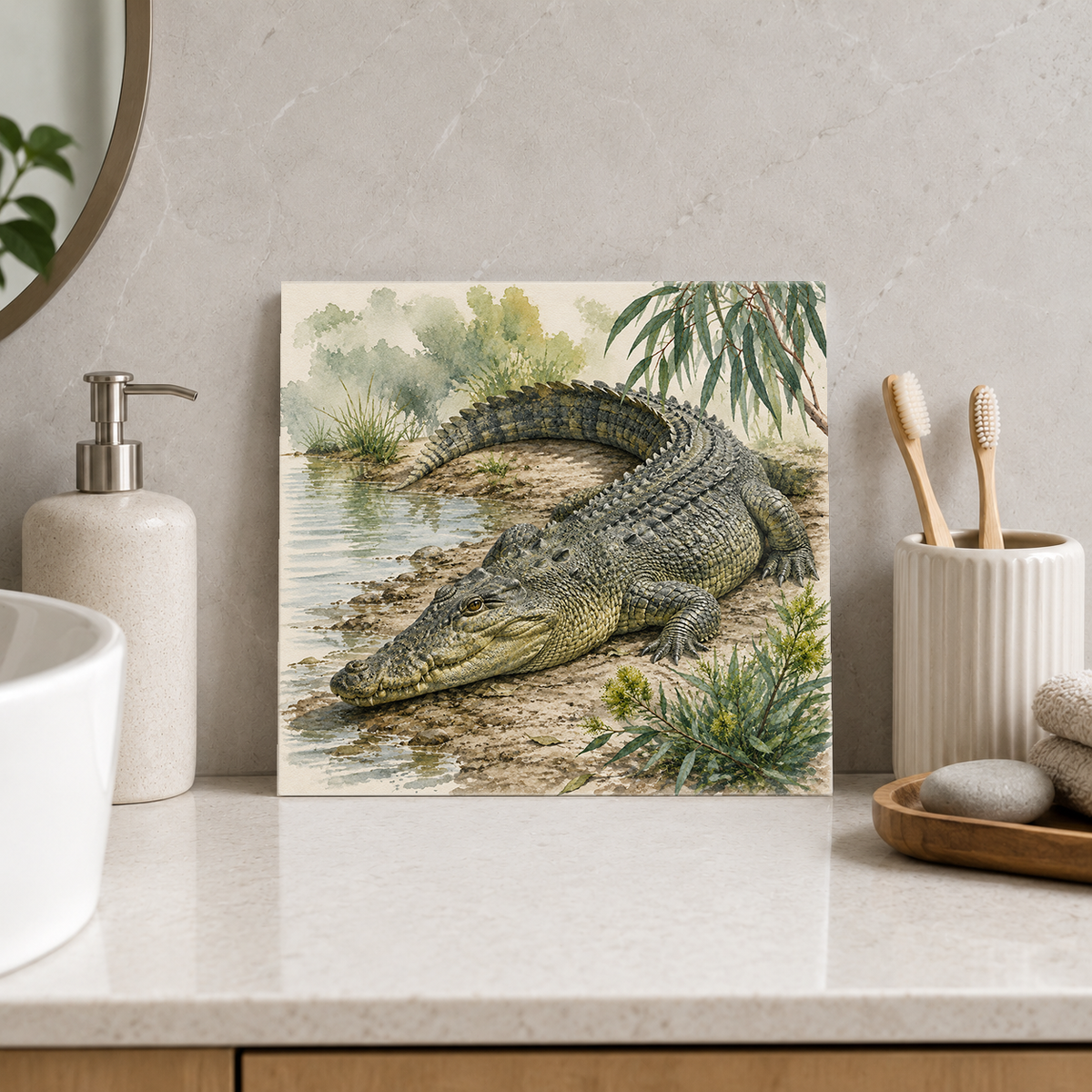 Crocodile Creek ceramic decorative tile in Pop Color, shown in a room mockup