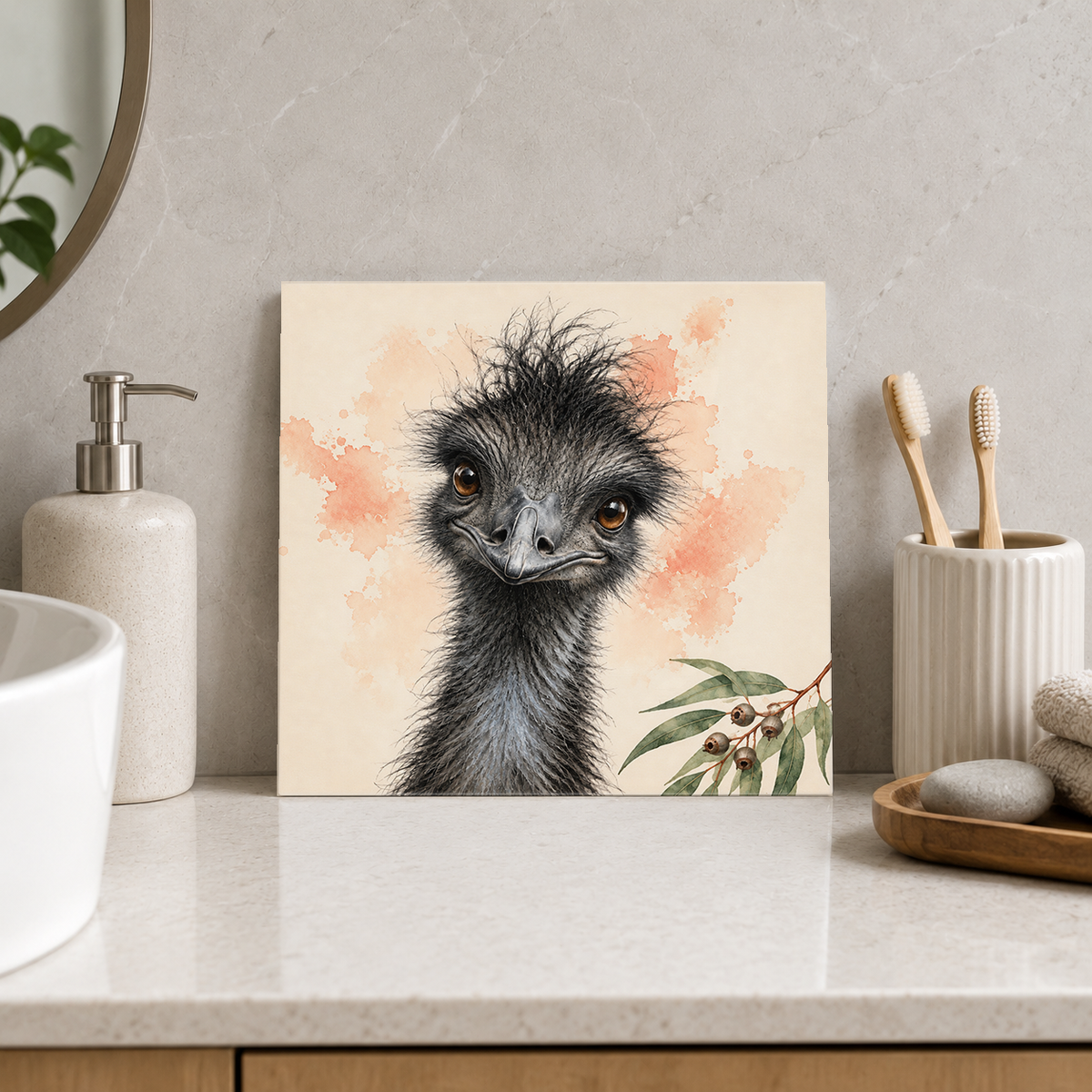 Curious Emu ceramic decorative tile in Pop Color, shown in a room mockup