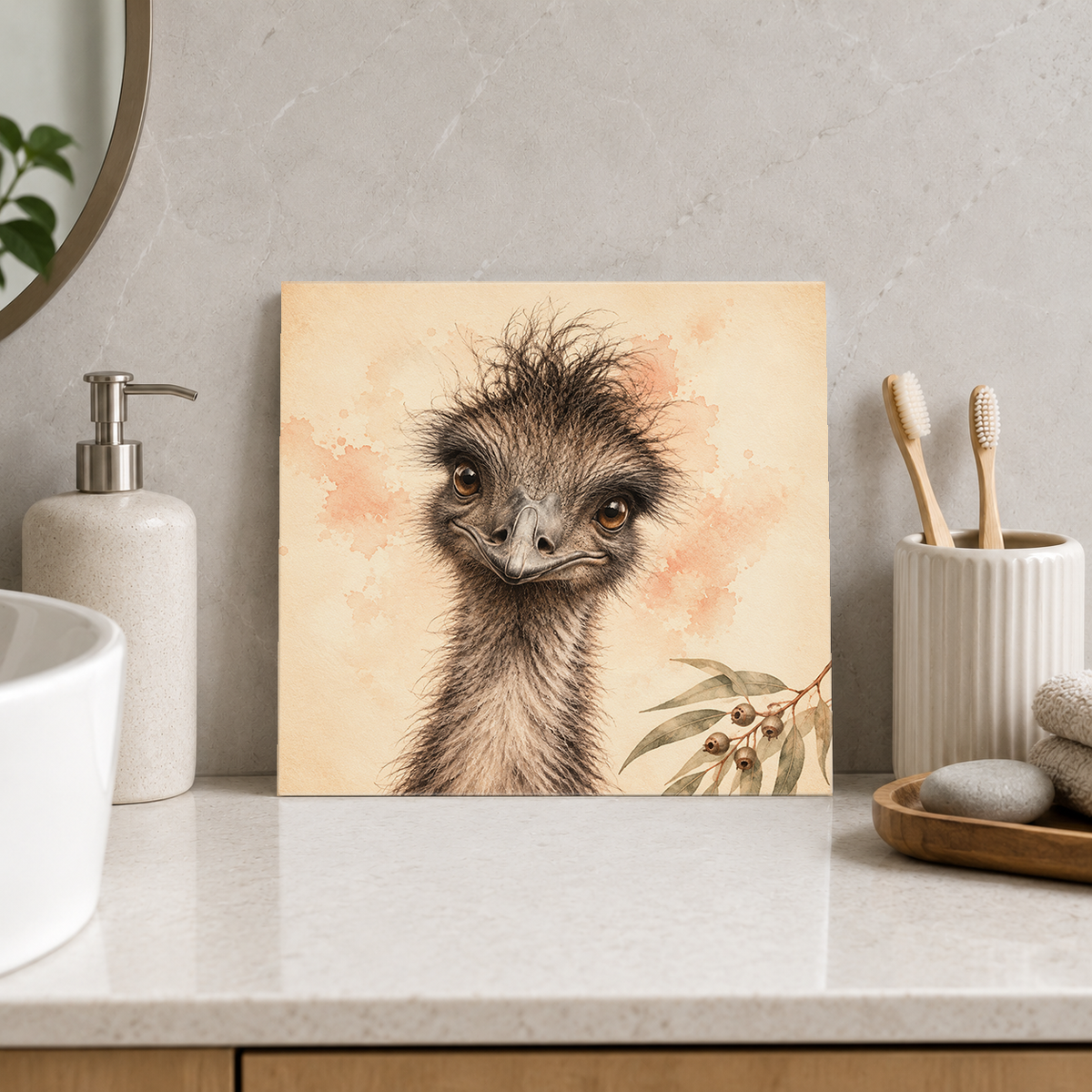 Curious Emu ceramic decorative tile in Warm Country, shown in a room mockup