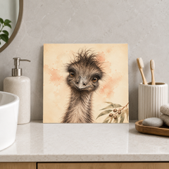Curious Emu ceramic decorative tile in Warm Country, shown in a room mockup