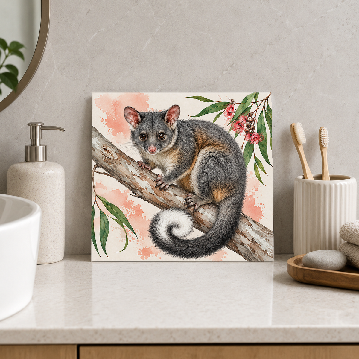 Curled Tail Possum ceramic decorative tile in Pop Color, shown in a room mockup