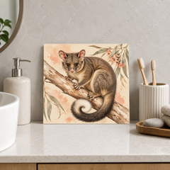 Curled Tail Possum ceramic decorative tile in Warm Country, shown in a room mockup