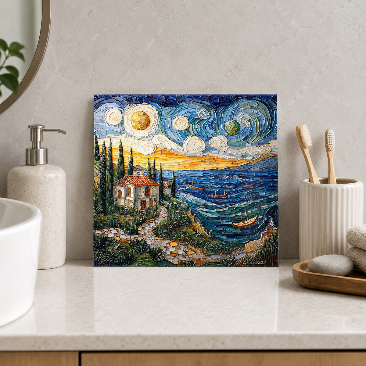 Cypress Cottage at Sunset Tile displayed in the bathroom tile mock-up
