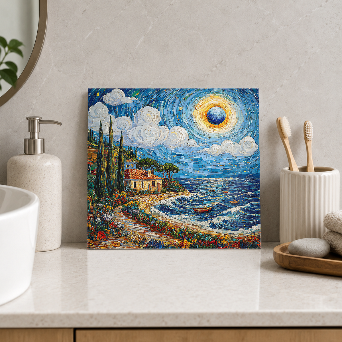 Cypress Villa and Crescent Bay Tile displayed in the bathroom tile mock-up