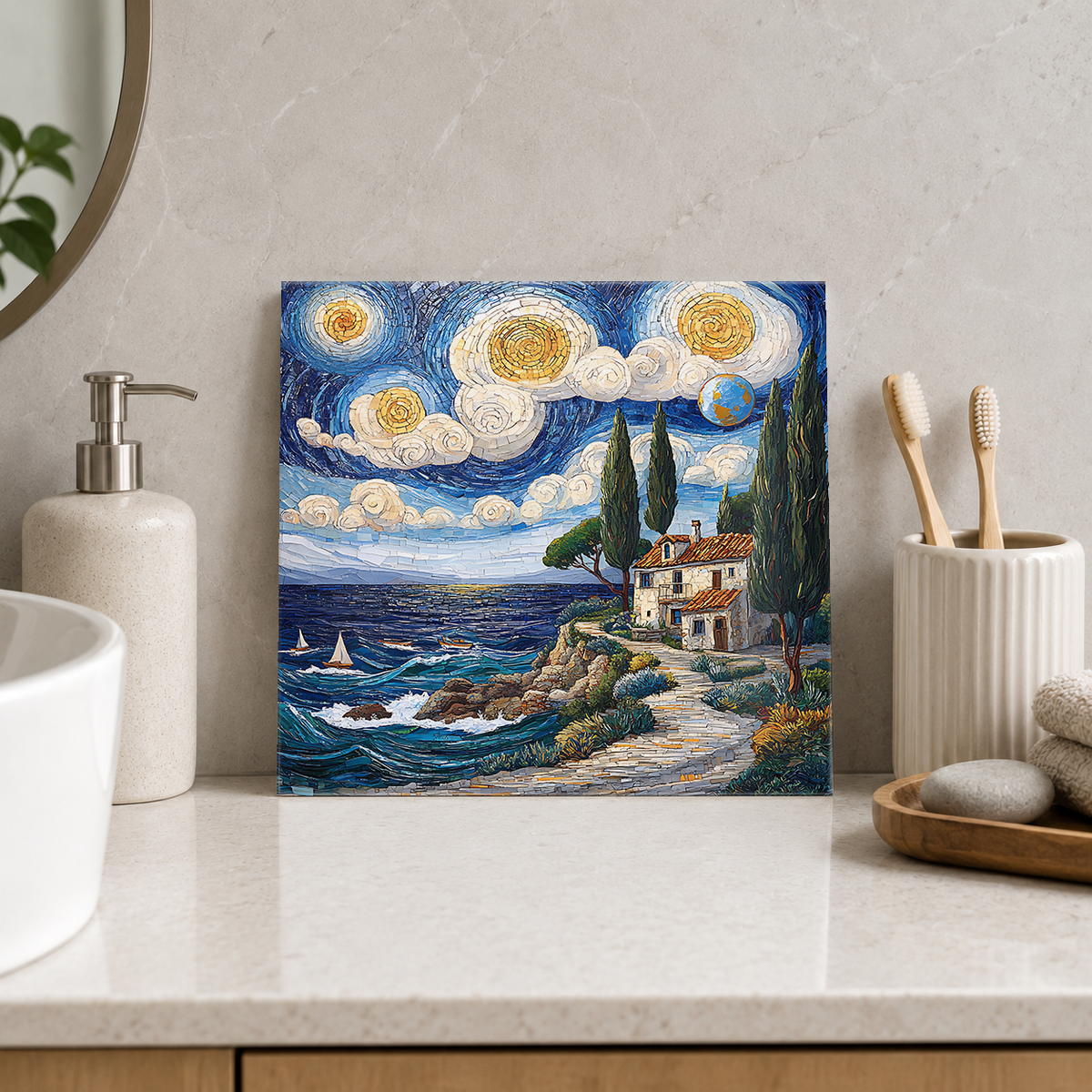 Cypress Villas beneath Golden Moons Tile displayed in the bathroom tile mock-up