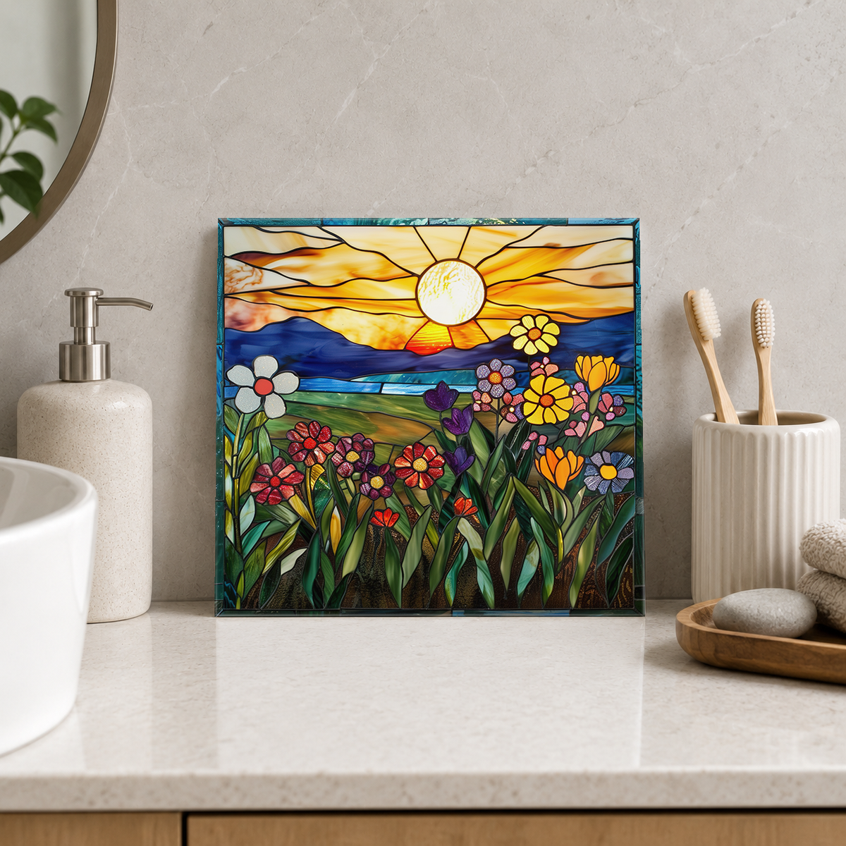 Daisy Meadow beneath Golden Evening Sun Tile displayed in the bathroom tile mock-up