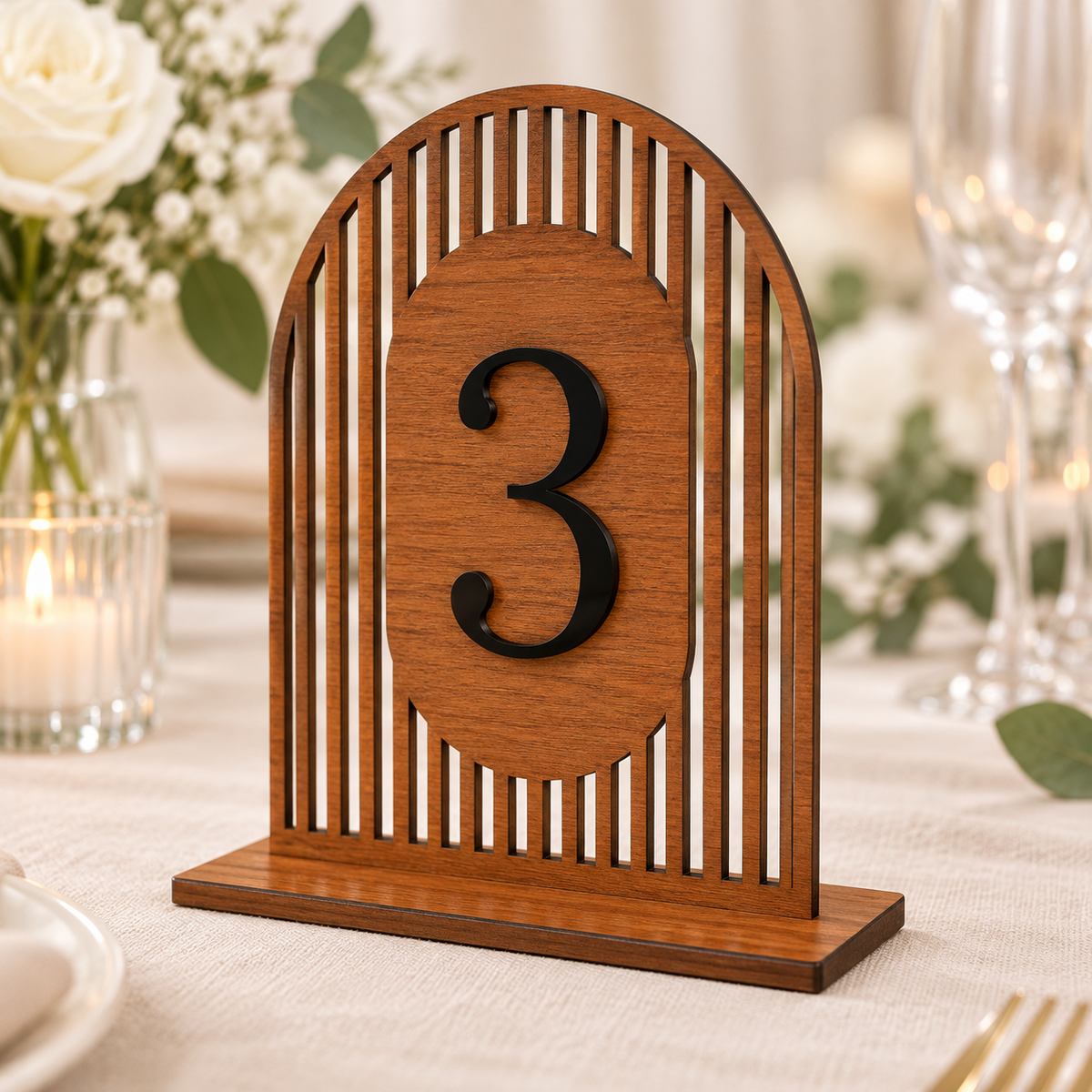 Deco Halo Arch Table Number in varnished wood with black raised number and flat base