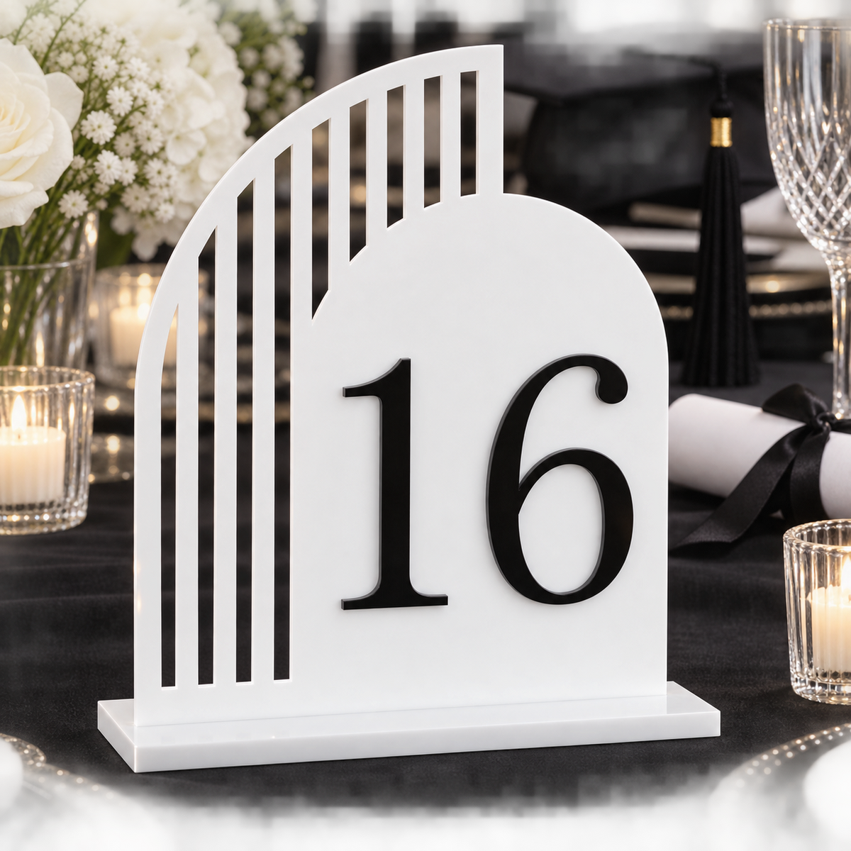 Deco Sweep Left Table Number in white acrylic with black raised number and flat base