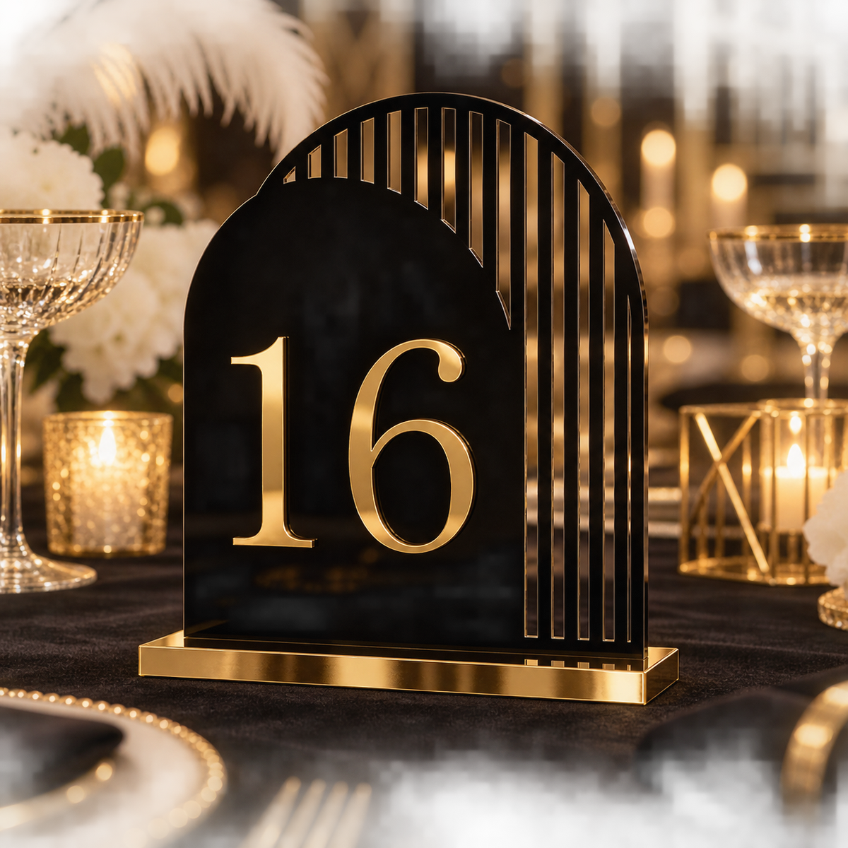 Deco Sweep Right Table Number in black acrylic with gold raised number and flat base