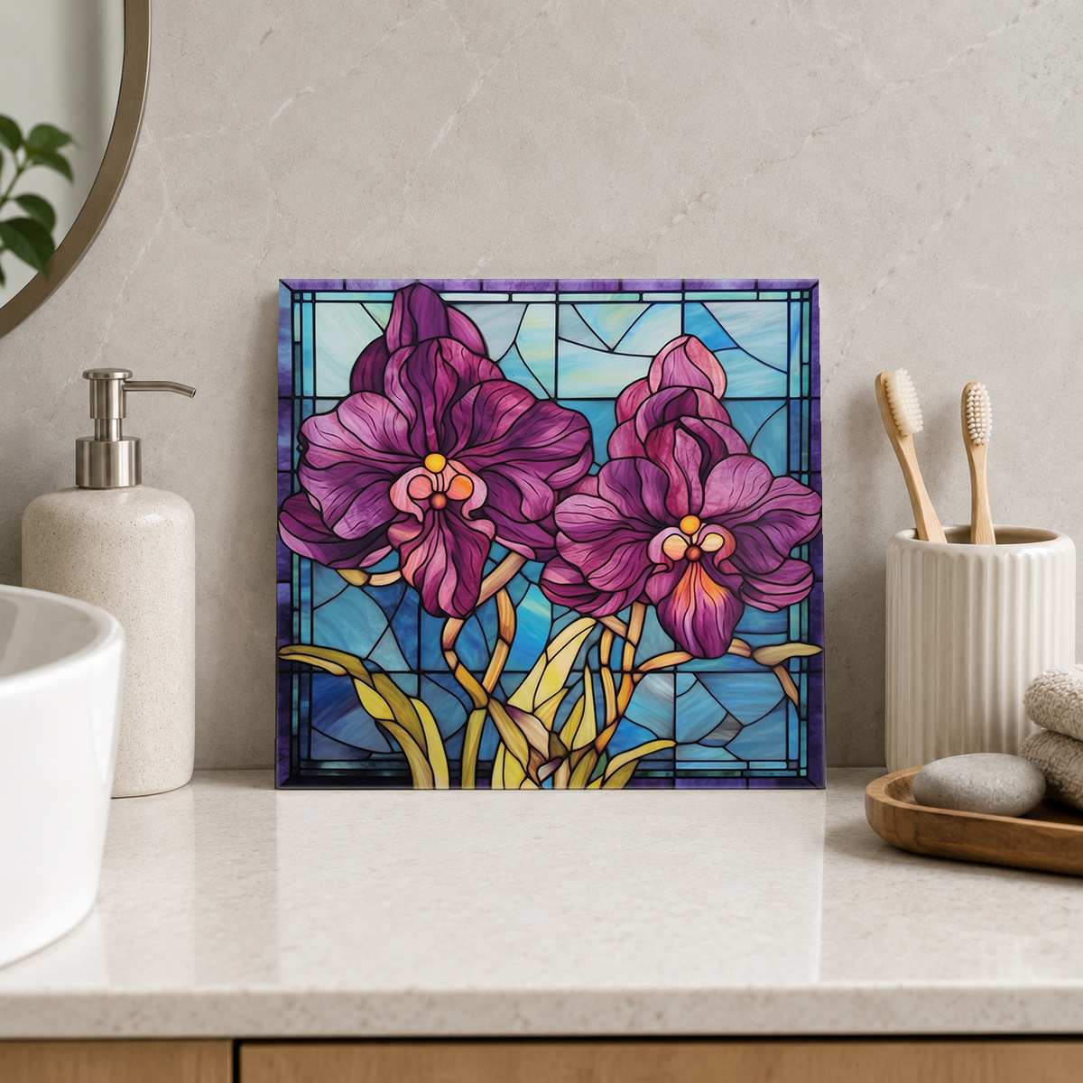 Deep Purple Orchid Pair Tile displayed in the bathroom tile mock-up