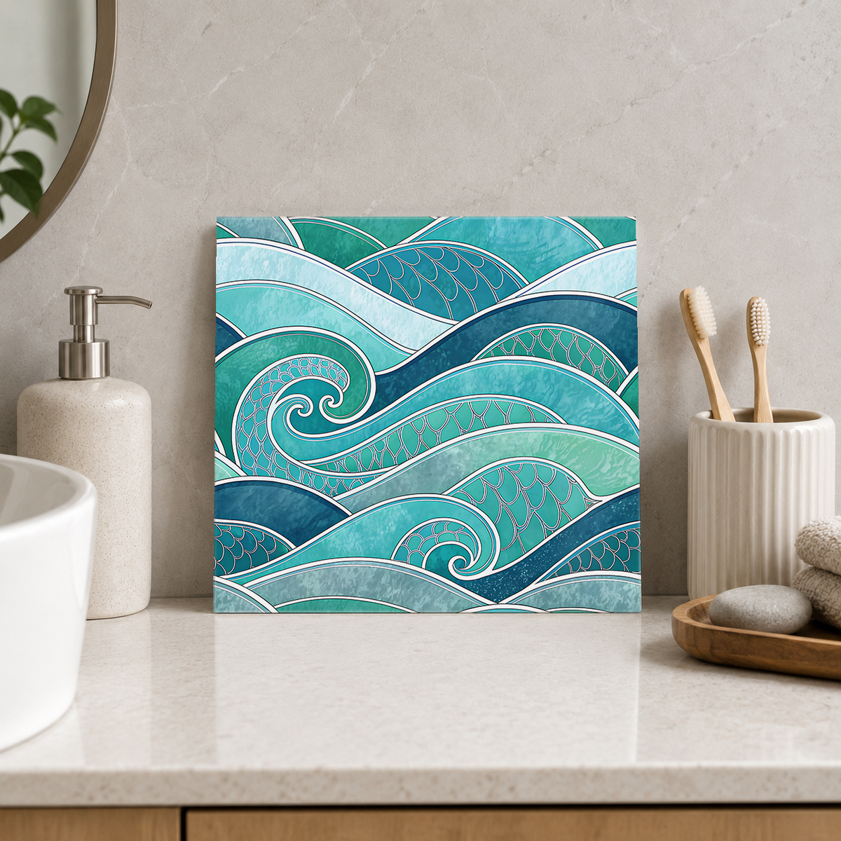 Deep Teal Curling Waves Tile displayed in the bathroom tile mock-up
