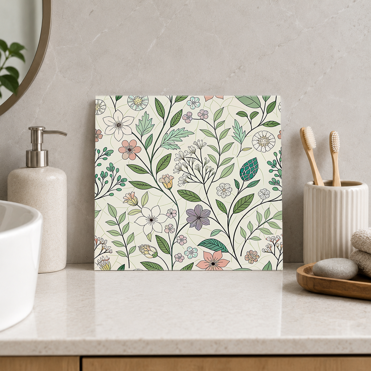 Delicate Meadow Flowers on Cream Tile displayed in the bathroom tile mock-up