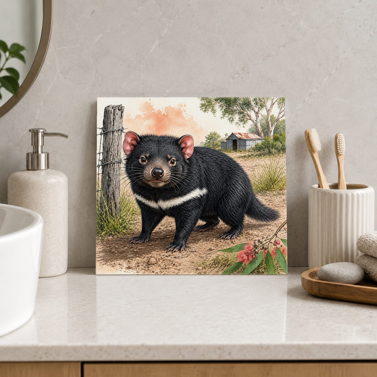Devil by the Bush Fence ceramic decorative tile in Pop Color, shown in a room mockup