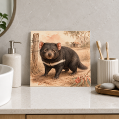 Devil by the Bush Fence ceramic decorative tile in Warm Country, shown in a room mockup
