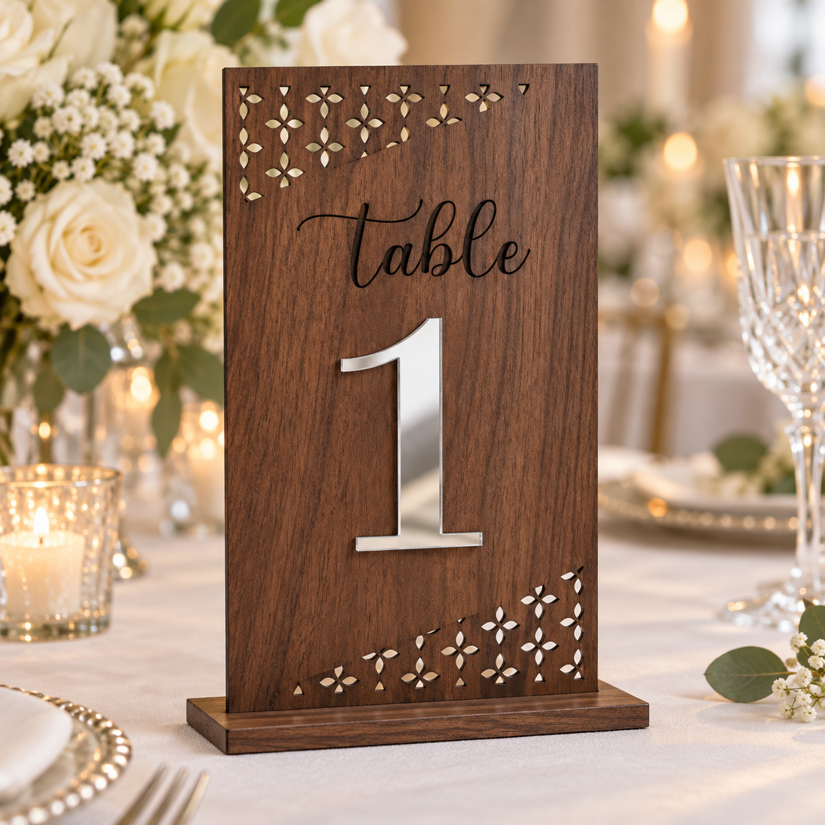Diamond Lace Corners Table Number in varnished wood with silver raised number and flat base