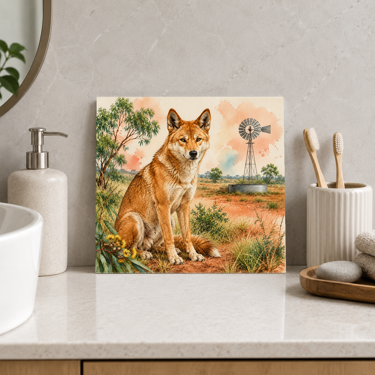 Dingo at the Windmill ceramic decorative tile in Pop Color, shown in a room mockup