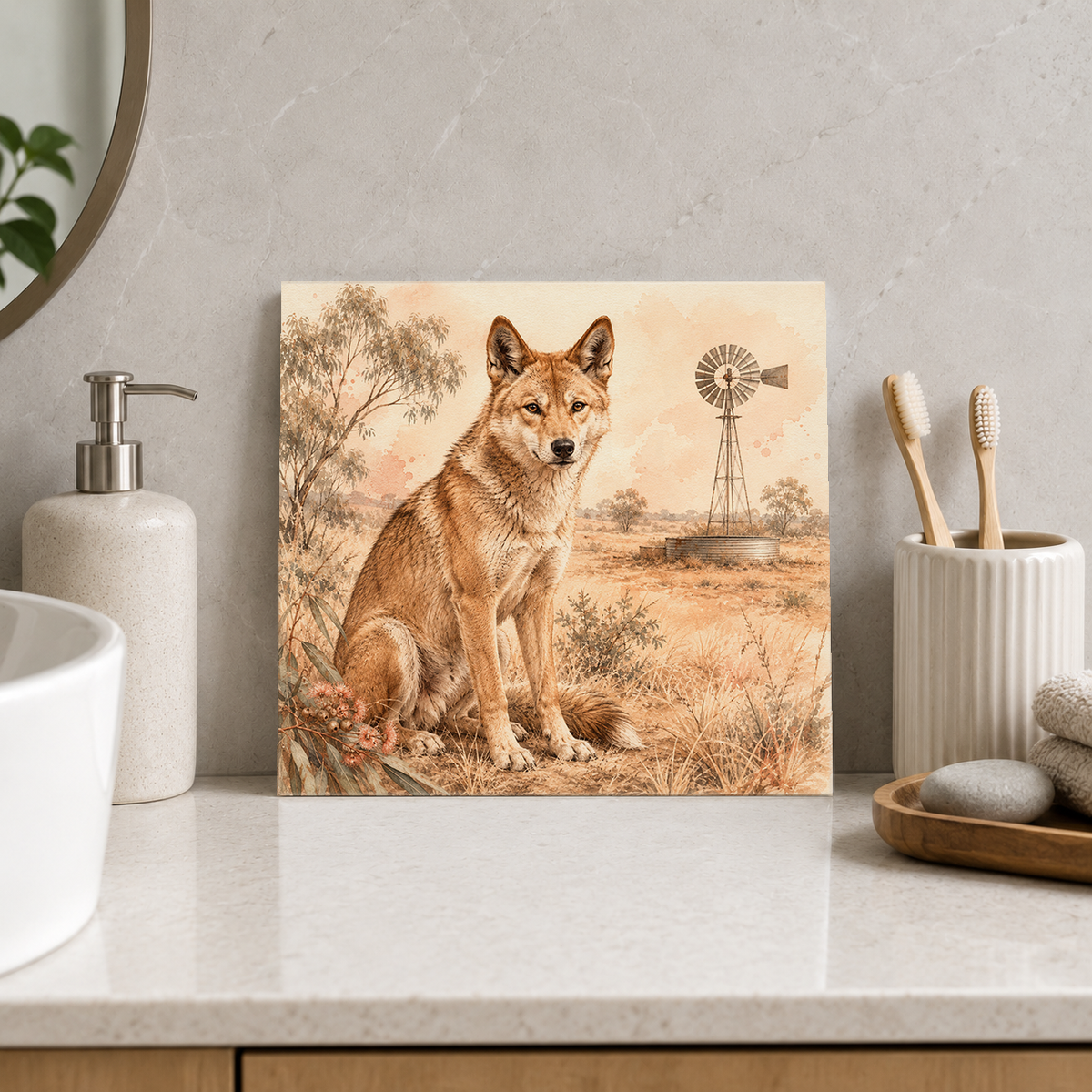 Dingo at the Windmill ceramic decorative tile in Warm Country, shown in a room mockup