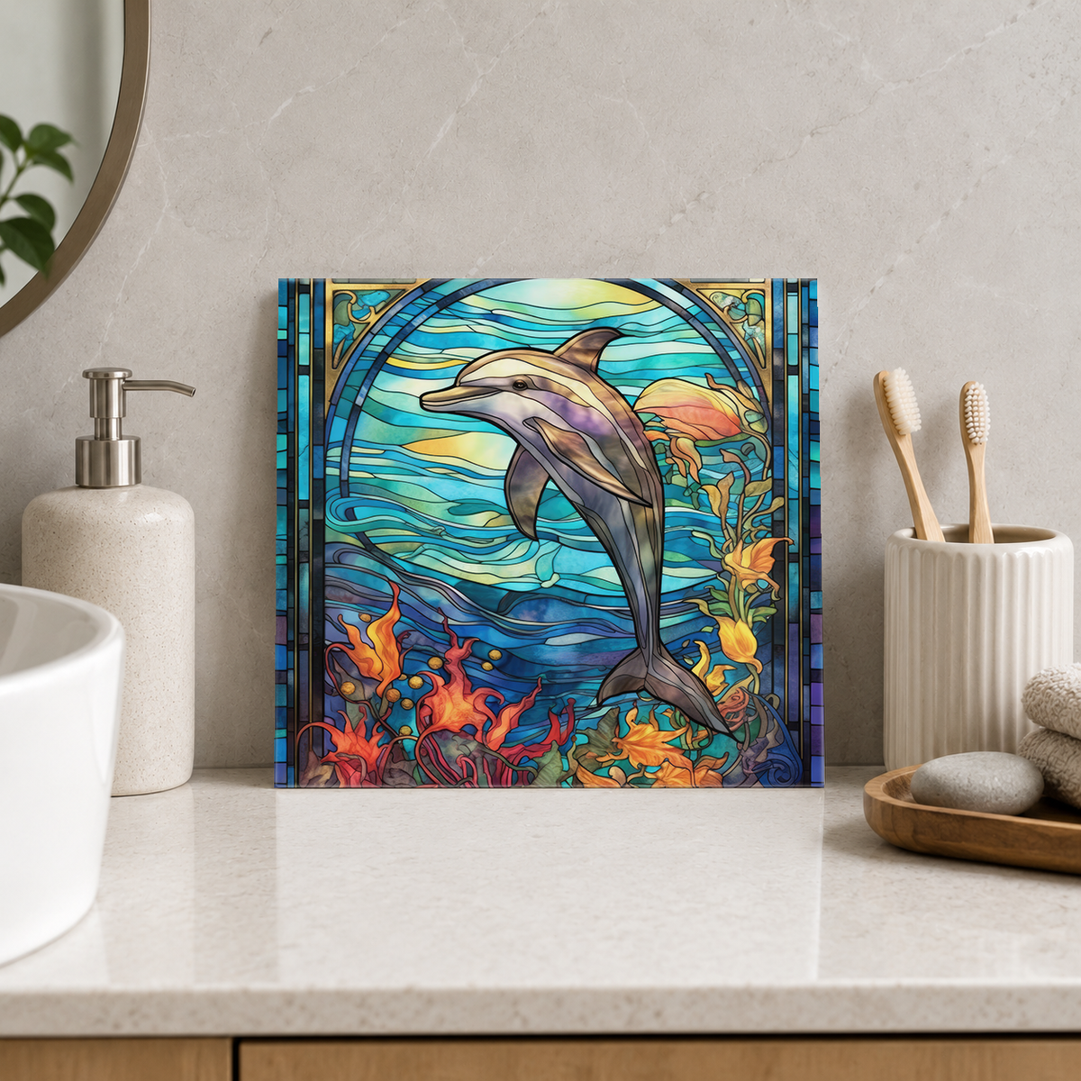 Dolphin above Colourful Coral Tile displayed in the bathroom tile mock-up