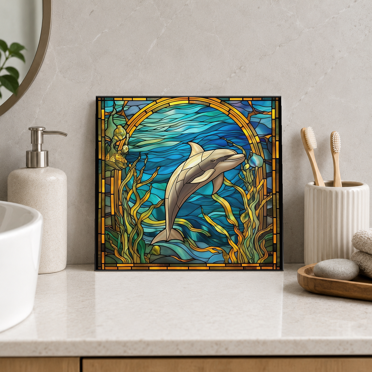 Dolphin and Seaweed in Amber Frame Tile displayed in the bathroom tile mock-up