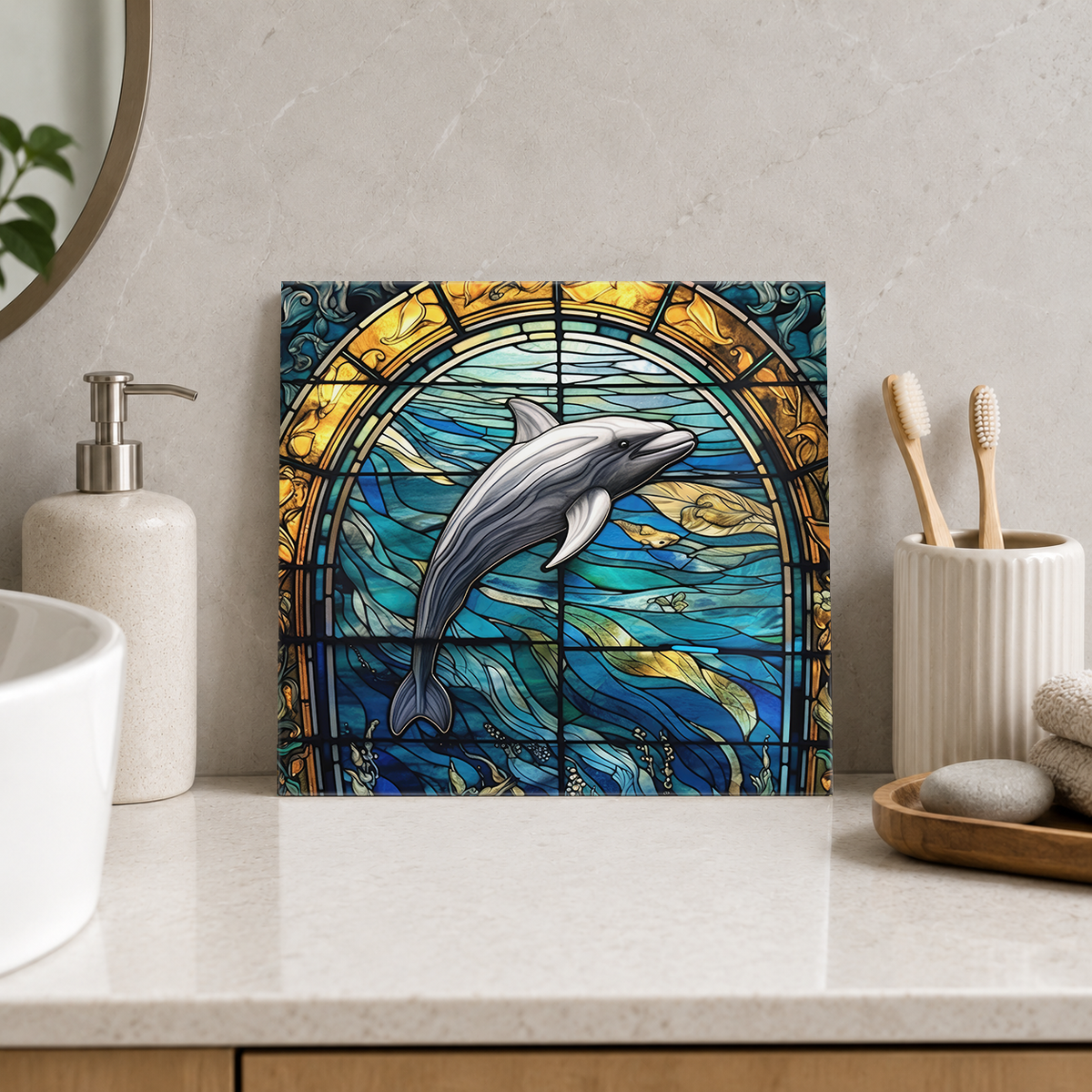 Dolphin in Golden Ocean Arch Tile displayed in the bathroom tile mock-up