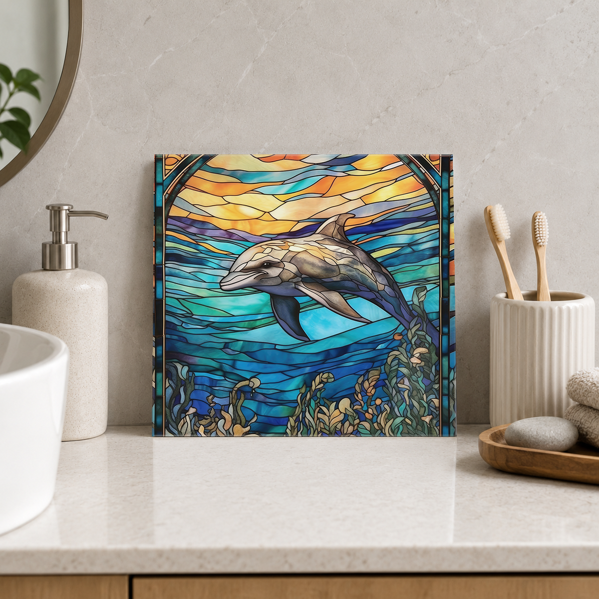 Dolphin over Coral Reef Tile displayed in the bathroom tile mock-up
