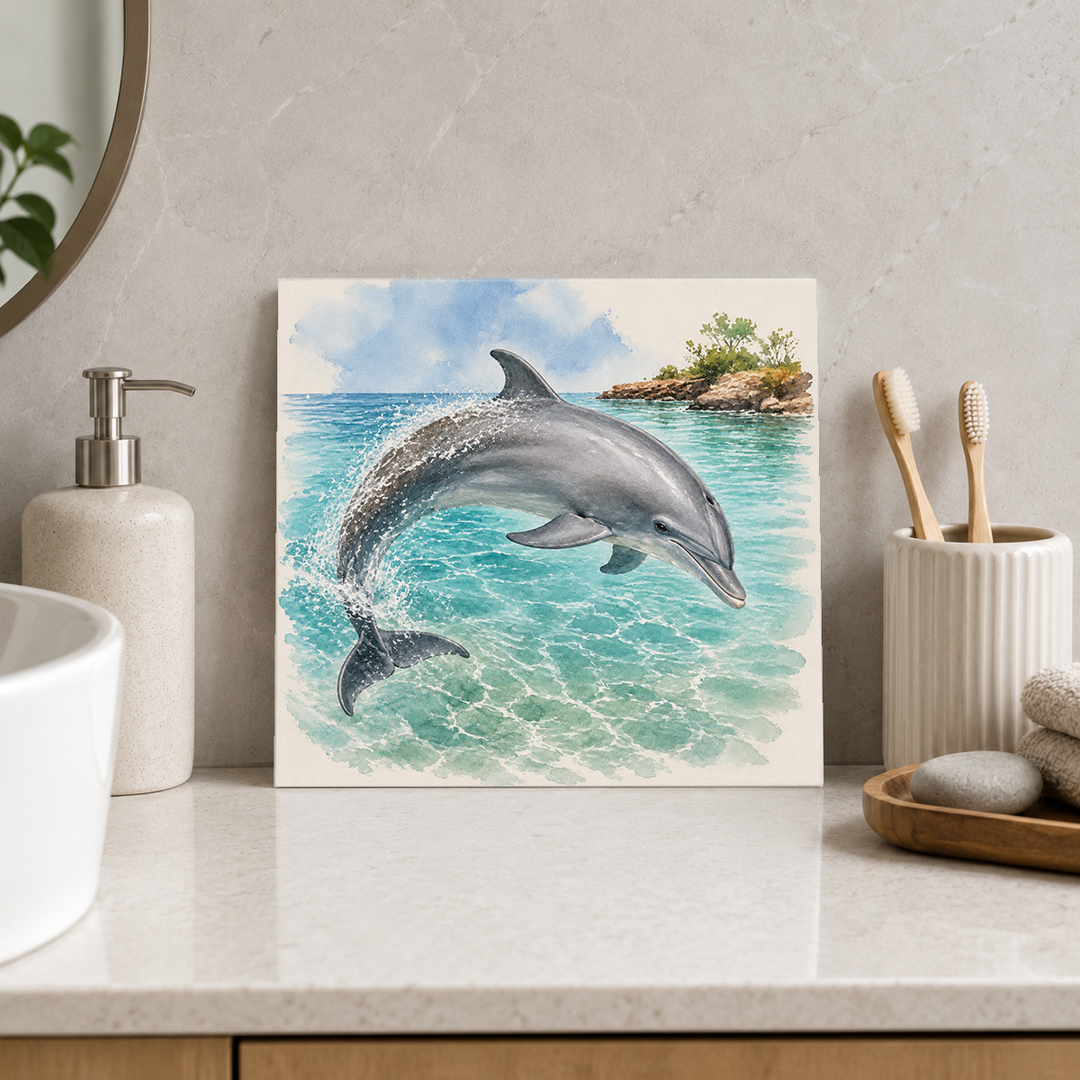 Dolphin ceramic decorative tile in Pop Color, shown in a room mockup
