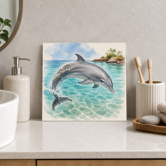 Dolphin ceramic decorative tile in Pop Color, shown in a room mockup