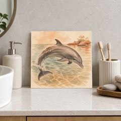 Dolphin ceramic decorative tile in Warm Country, shown in a room mockup