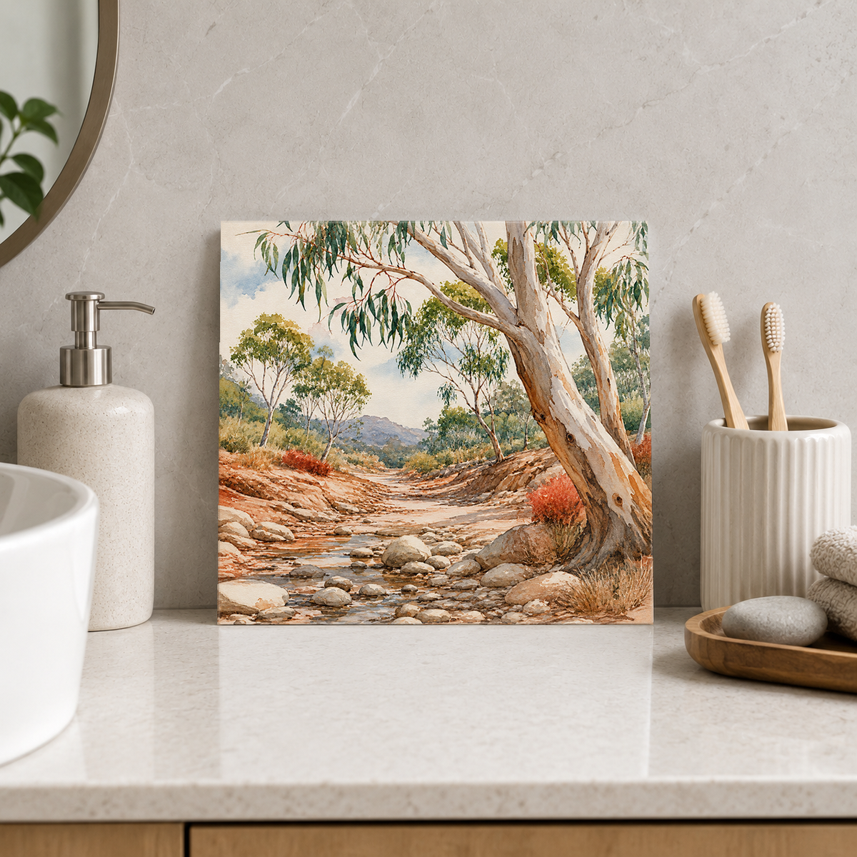 Dry Creek Bed ceramic decorative tile in Pop Color, shown in a room mockup