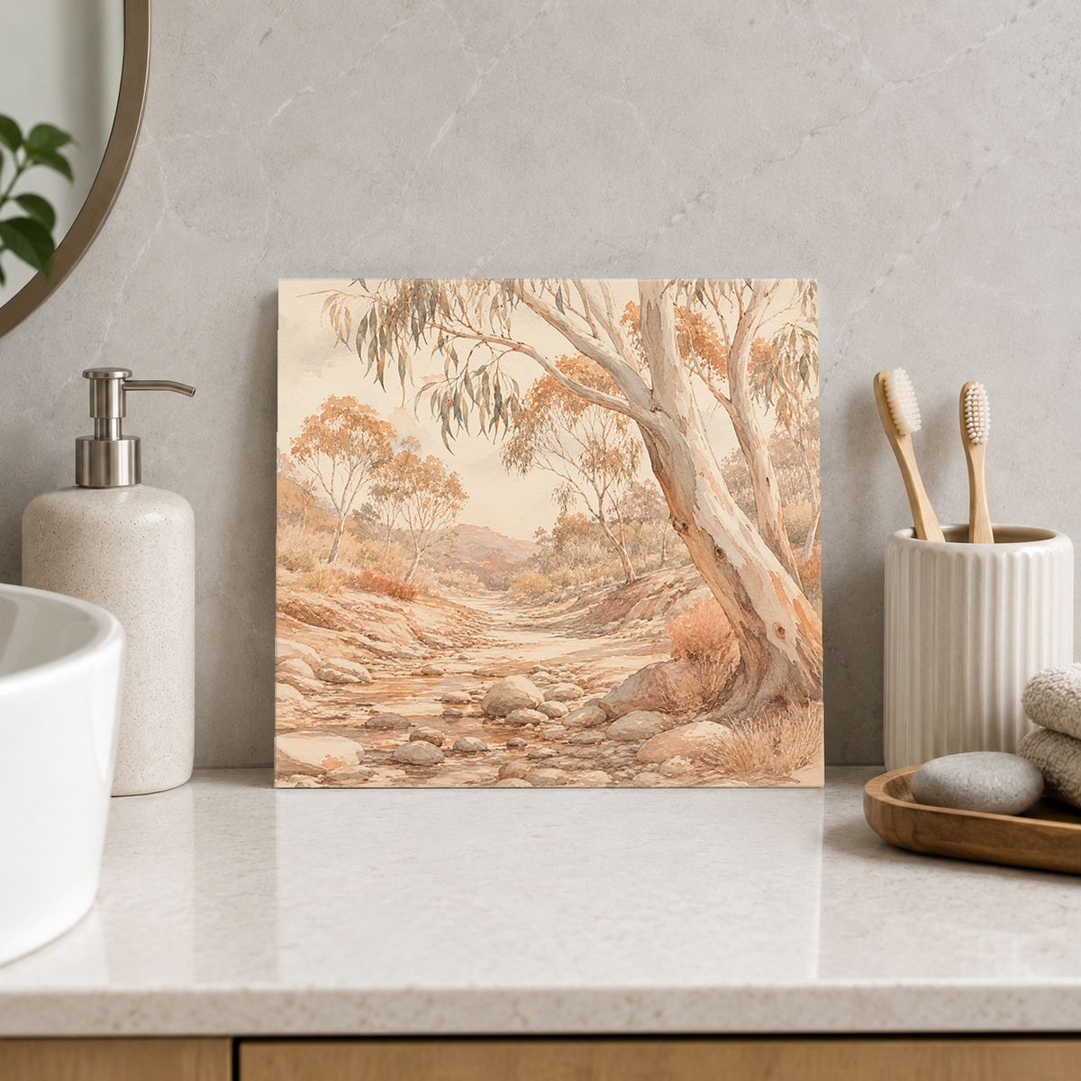 Dry Creek Bed ceramic decorative tile in Warm Country, shown in a room mockup