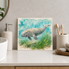 Dugong Lagoon ceramic decorative tile in Pop Color, shown in a room mockup